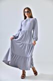Gri Dik Yaka Büzgü Detaylı Kat Kat Elbise