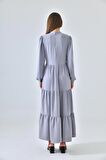 Gri Dik Yaka Büzgü Detaylı Kat Kat Elbise
