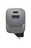 AmpCharge GaN20 20W Type-C ve 18W USB 3.0 Çıkışlı Hızlı Şarj Aleti - Koyu Gri