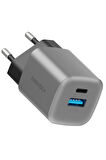 AmpCharge GaN35 35W Type-C ve 30W USB 3.0 Çıkışlı Hızlı Şarj Aleti - Koyu Gri