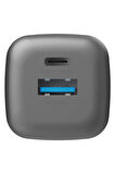 AmpCharge GaN35 35W Type-C ve 30W USB 3.0 Çıkışlı Hızlı Şarj Aleti - Koyu Gri