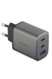 AmpCharge GaN65 2 Adet 65W Type-C ve 30W USB 3.0 Çıkışlı Hızlı Şarj Aleti - Koyu Gri