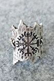 Viking Pusulası Şekilli Antik Gümüş Kaplama El Yapımı Ayarlanabilir Unisex Yüzük