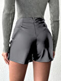 Pu Deri Pensli Fermuarlı Şort Etek