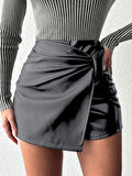 Pu Deri Pensli Fermuarlı Şort Etek