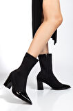 Kadın Siyah Streç Rugan Bilekli Orta Boy Topuklu Bot