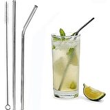 2 Adet Çelik Pipet ve Temizleme Fırçası 3 Parça Çelik Pipet Seti  Düz Pipet Eğik Pipet Ve Temizleme Fırçası 3'lü Set
