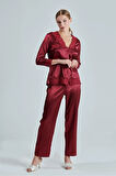 Kadın Bordo Saten Çeyiz Seti 6 Parça Dantelli Sabahlık Gecelik Pijama Şortlu Takım
