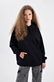 DeFacto Oversize Geniş Kalıp Kapüşonlu Kanguru Cepli Kalın Basic Düz Sweatshirt C7805AX24WNBK81
