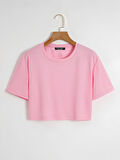 Kadın Oversize Bisiklet Yaka Düz Crop T-shirt - PEMBE