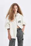 DeFacto Oversize Geniş Kalıp Kapüşonlu Sırt Baskılı Kalın Fermuarlı Sweatshirt C7835AX24WNWT32