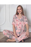 Kadın Çiçek Desenli Düğmeli Kısa Kol Örme Pijama Takımı