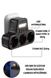 BUĞZ Akım Korumalı Priz Gece Lambalı 3’lü Priz 2xusb 2xtype-c Çıkışlı Grup Priz Çoğaltıcı
