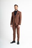 Slim Fit Yelekli Takım Elbise - Kahverengi 54