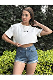 Kadın Bisiklet Yaka Baskılı Oversize Crop T-shirt