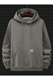 Erkek Duman Gri Baseball Baskılı Kapüşonlu Sweatshirt