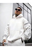 Erkek Kahverengi Kol Desenli Oversize Kapşonlu Sweatshirt