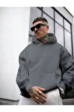 Erkek Kahverengi Kol Desenli Oversize Kapşonlu Sweatshirt