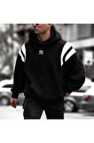 Erkek Siyah Omuz Şeritli Ny Baskılı Oversize Kapşonlu Sweatshirt