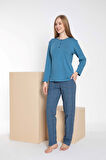 Çift Sevgili Eş Kombin Mavi Ekose Desen Modal Uzun Kol Pijama Takımı-1 adet ürün FİYATIDIR