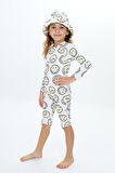Unisex Bebek - Çocuk Mayo Tam Vücut Güneş Koruma Hassas Ten Emoji Smile Desen Mayo Şapka Hediyeli