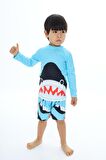 Erkek Çocuk Çizgi Karakter Sevimli Jaws KöpekbalığıMavi Tonlu Renk T-shirt Şort Mayo Seti Üst Dalgıç Alt Paraşüt