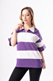 Kadın Polo Yaka Çizgili Oversize T-Shirt