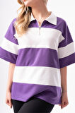 Kadın Polo Yaka Çizgili Oversize T-Shirt