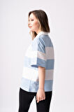 Kadın Polo Yaka Çizgili Oversize T-Shirt