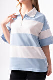 Kadın Polo Yaka Çizgili Oversize T-Shirt