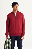 Erkek Bordo Standart Fit Normal Kesim Içi Polarlı 3 Iplik Kolej Yaka Pamuklu Sweatshirt Ceket