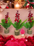 3lü set Yapay Çiçek Yılbaşı Çiçeği Kokinalı Kütük Saksılı Dekoratif Süs 20cm