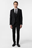 Siyah Slim Fit Düz Sivri Yaka 6 Drop Yelekli Klasik Takım Elbise