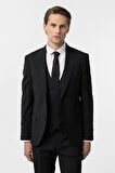 Siyah Slim Fit Düz Sivri Yaka 6 Drop Yelekli Klasik Takım Elbise
