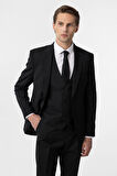 Siyah Slim Fit Düz Sivri Yaka 6 Drop Yelekli Klasik Takım Elbise