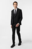 Siyah Slim Fit Düz Sivri Yaka 6 Drop Yelekli Klasik Takım Elbise