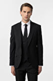 Siyah Slim Fit Düz Sivri Yaka 6 Drop Yelekli Klasik Takım Elbise