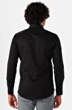 Siyah Slim Fit Armürlü Klasik Yaka Gömlek