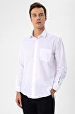 Beyaz Regular Armürlü Klasik Yaka Gömlek