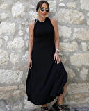 MDB Kadın Arkadan çapraz Detay Yuvarlak Yaka Maksi Viskon Elbise