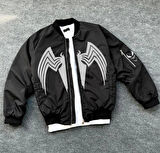 MDB Tam Fermuarlı Uzun Kol Baskılı Bomber Ceket  iyah