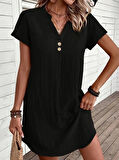MDB Kadın Kısa Kollu V Yakalı Düğmeli Müslim Kısa Elbise