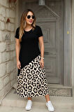MDB Kadın Kısa Kollu Bisiklet Yaka Leopar Detaylı Midi üst Viskon Alt Süprem Elbise