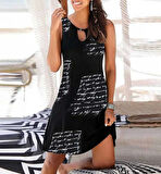 MDB Kadın Kolsuz Halka Detay Mektup Desenli Mikro Elbise