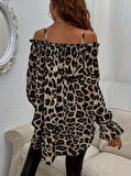 MDB Kadın Ip Askılı Omuzlardan Açık Leopar Desenli Asimetrik Kesim Süprem Bluz