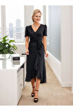 MDB Kadın Kruvaze Yaka idi Boy Kuşaklı Krep Elbise 120 Cm