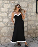 MDB Kadın Ip Askılı V Yakalı çift Renkli Janjan Krep Elbise