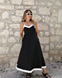 MDB Kadın Ip Askılı V Yakalı çift Renkli Janjan Krep Elbise