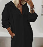 MDB Kadın Uzun Kollu Kapüşonlu Yakası Açık Modal Elbise