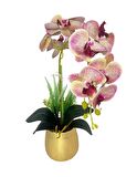 Yapay Çiçek Pembe Çilli Islak Orkide Gold Metal Saksıda Seramik Saksıda Orkide 60cm